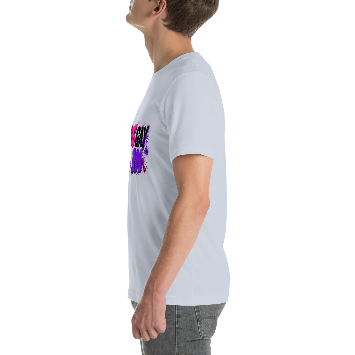 Sounds Gay I'm In tee in Light Blue, left view