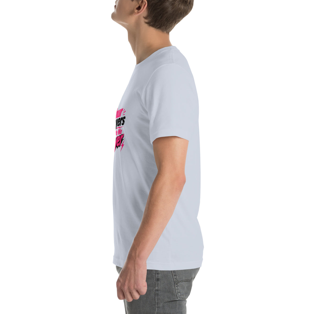 Your Prayers Made Me Gayer tee in Light Blue, left view