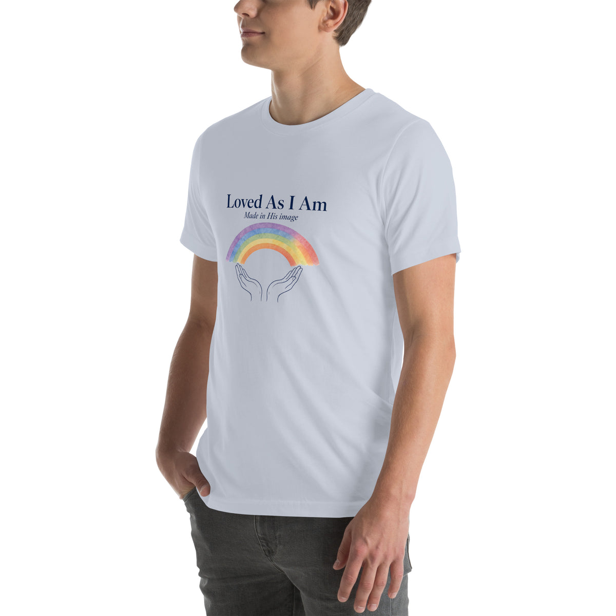 Loved As I Am tee in Light Blue, angled front view on model