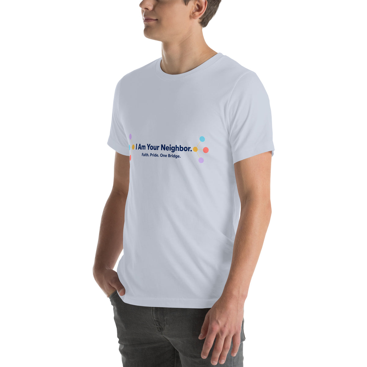 I Am Your Neighbor tee in Light Blue, left front view