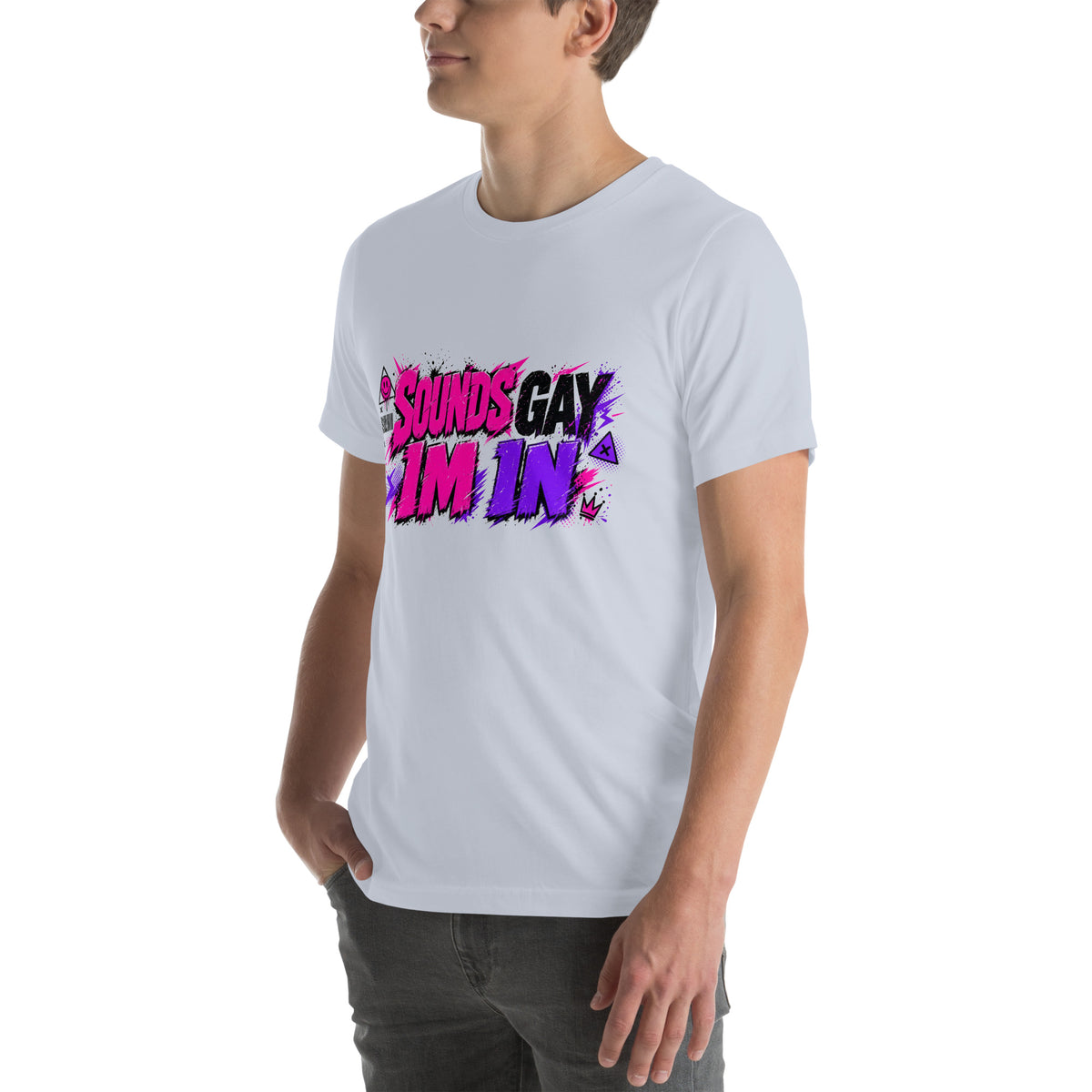 Sounds Gay I'm In tee in Light Blue, left front view