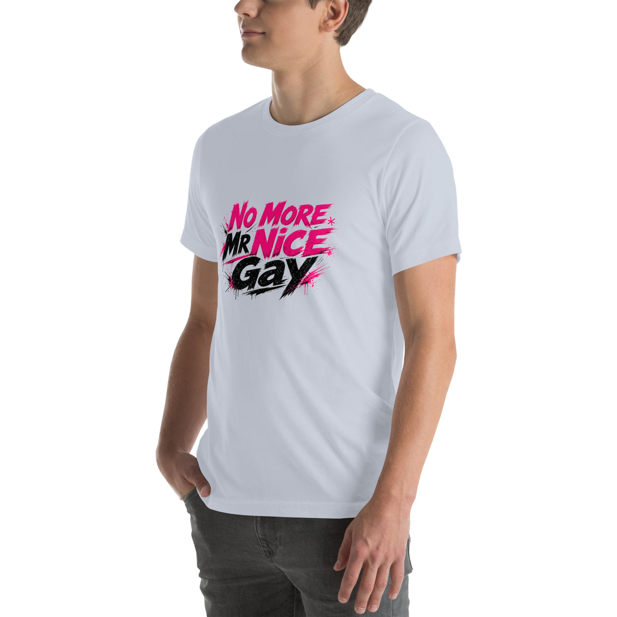 No More Mr Nice Gay tee in Light Blue, left front view