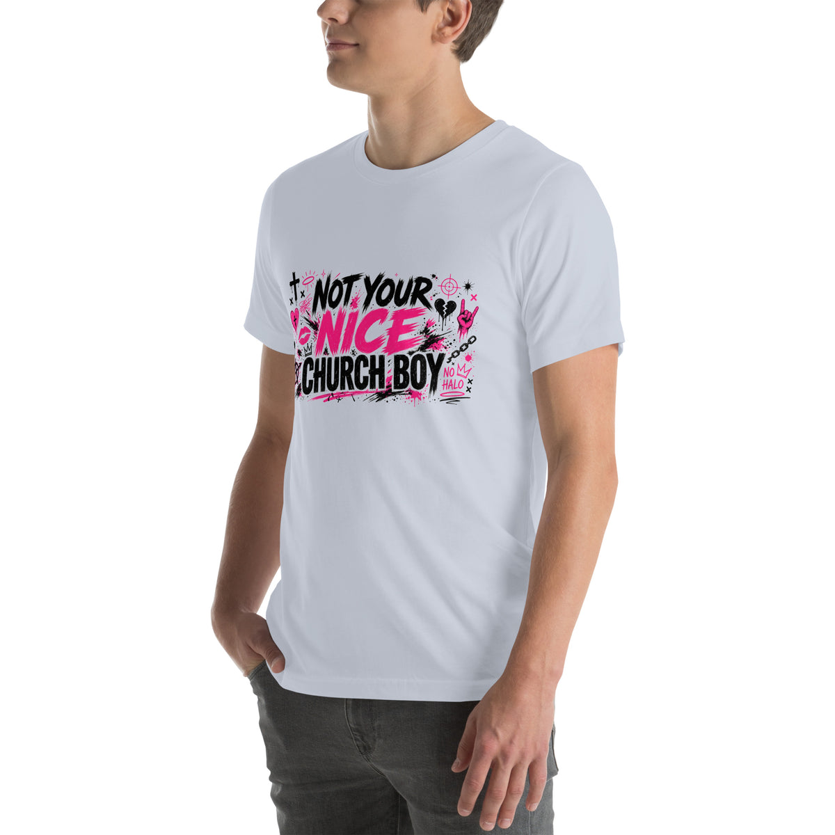 Not Your Nice Church Boy tee in Light Blue, left front view