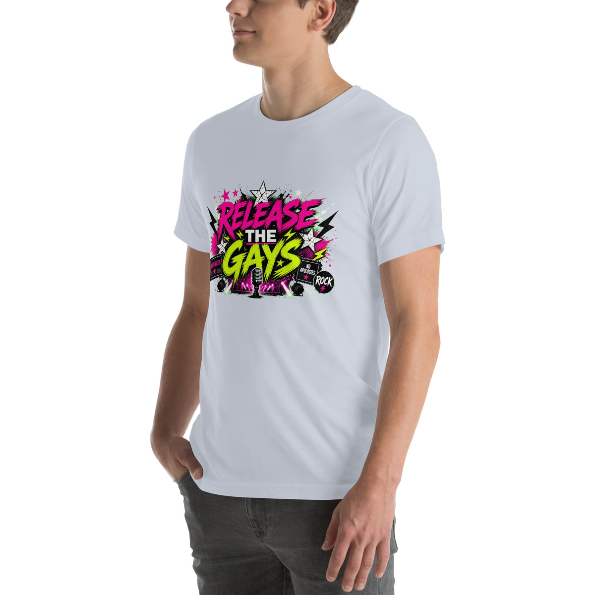 Release the Gays tee in Light Blue, left front view