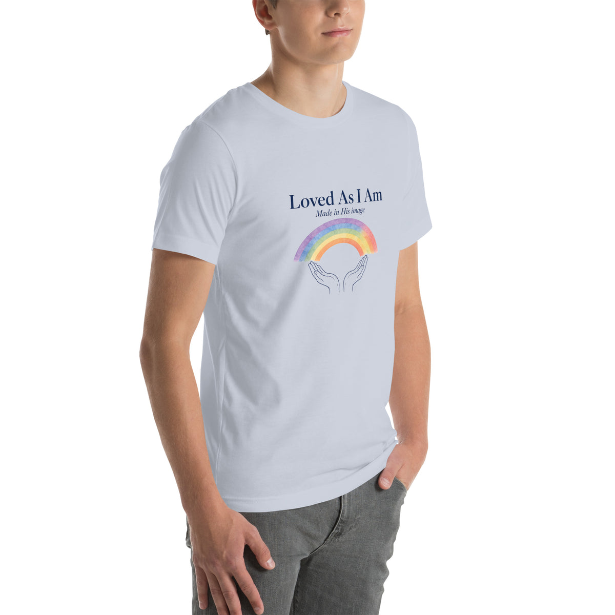 Loved As I Am tee in Light Blue, right front view