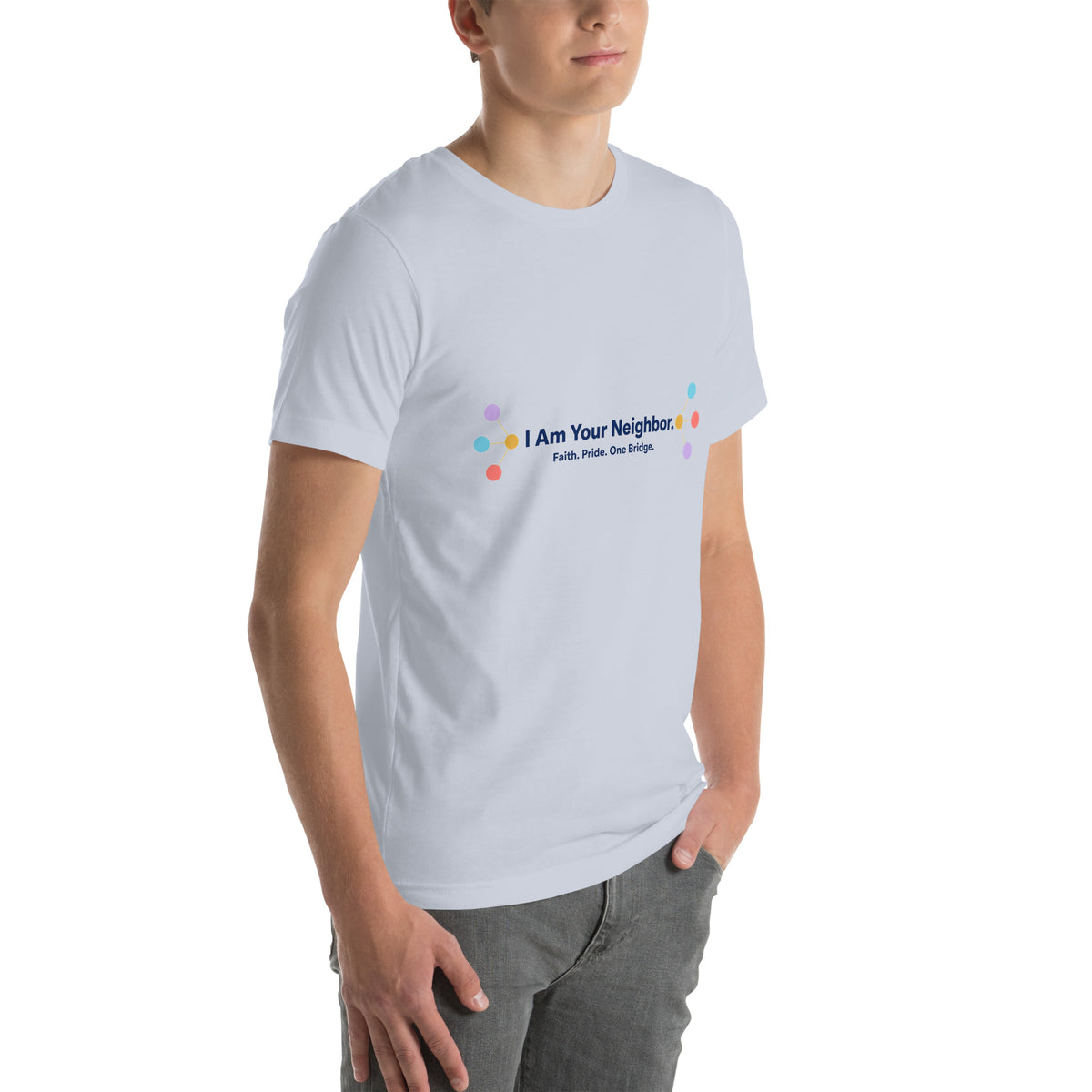 I Am Your Neighbor tee in Light Blue, right front view