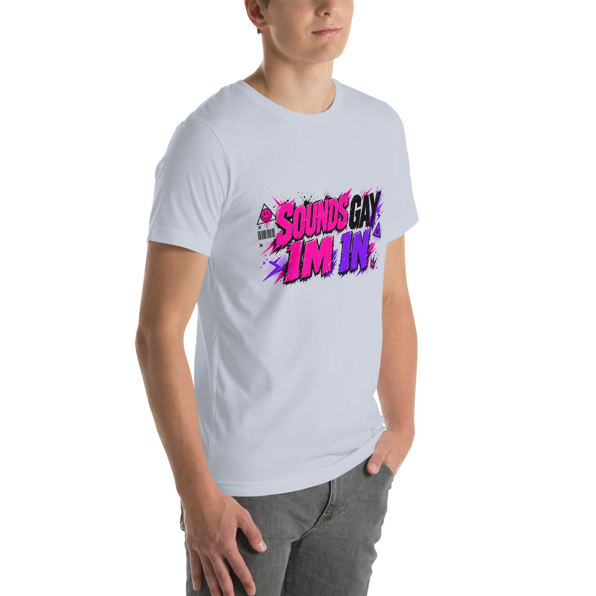 Sounds Gay I'm In tee in Light Blue, right front view