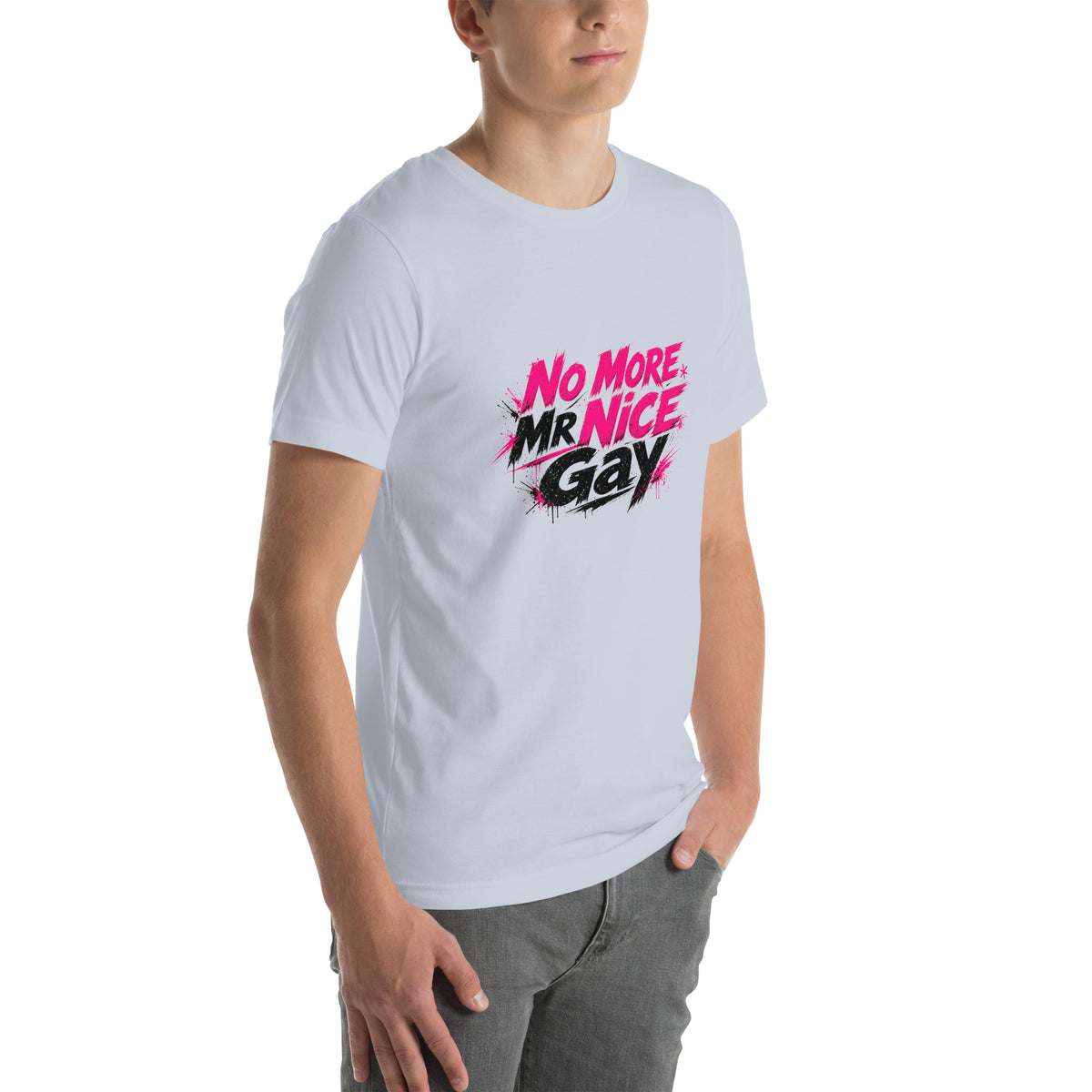 No More Mr Nice Gay tee in Light Blue, right front view