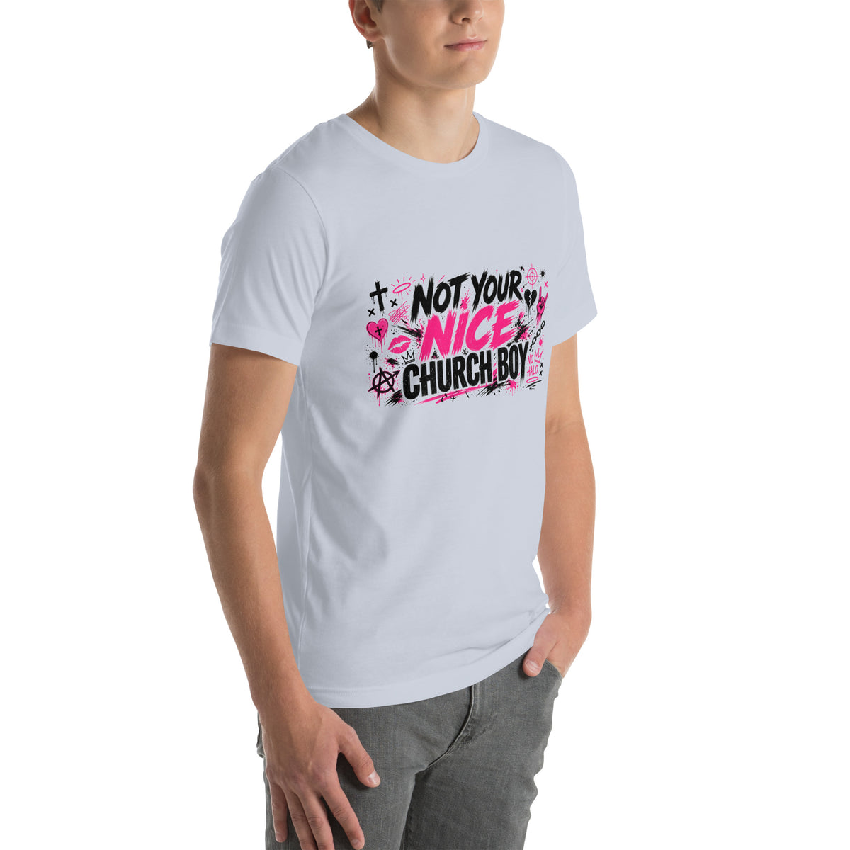 Not Your Nice Church Boy tee in Light Blue, right front view