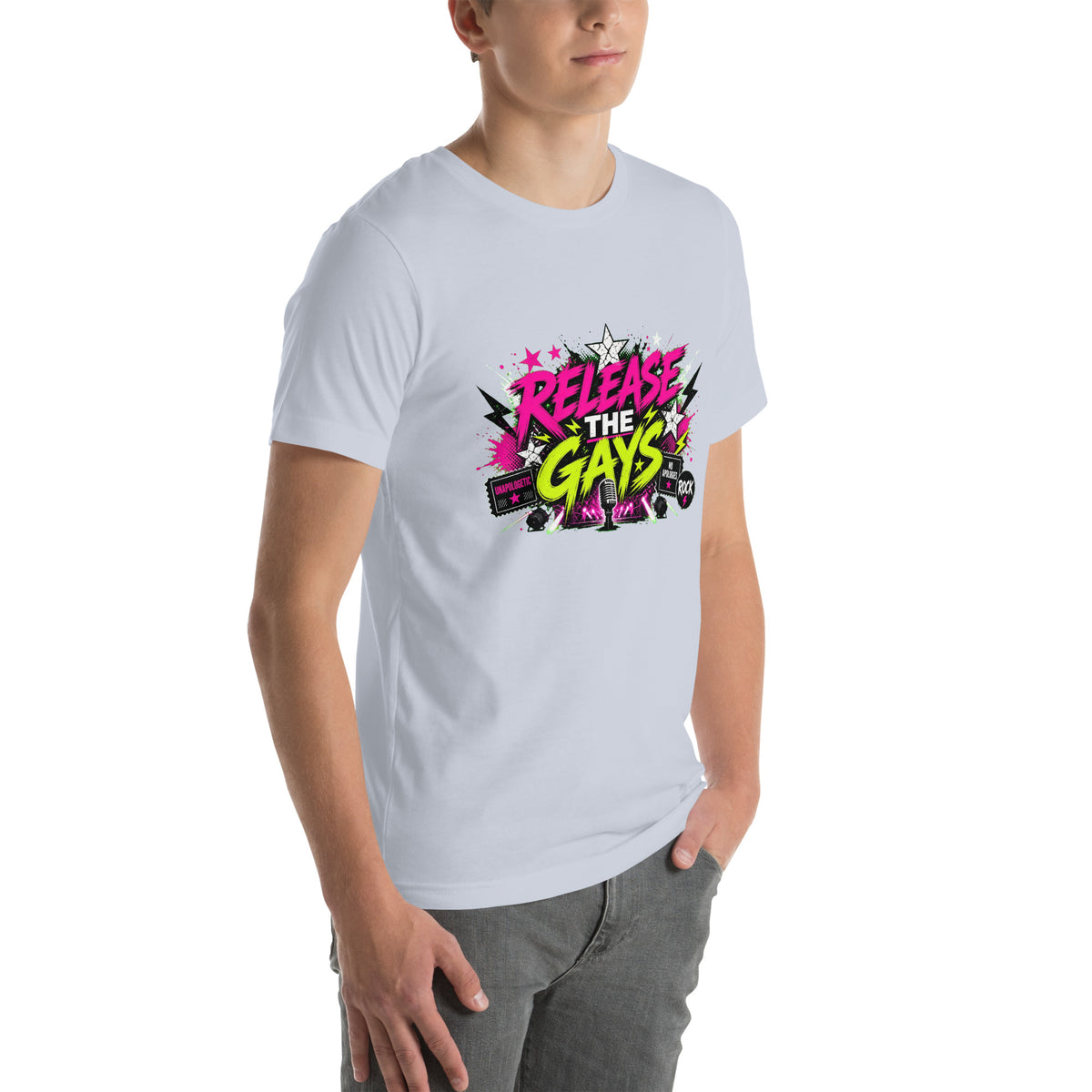 Release the Gays tee in Light Blue, right front view