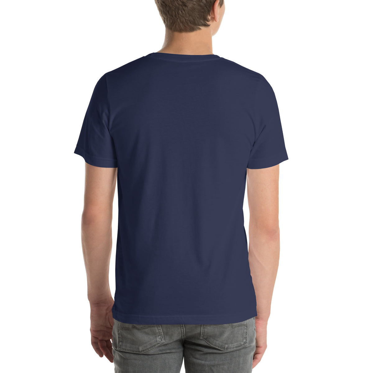 No More Mr Nice Gay tee in Navy, back view on model, plain back (slogan is printed on the front)