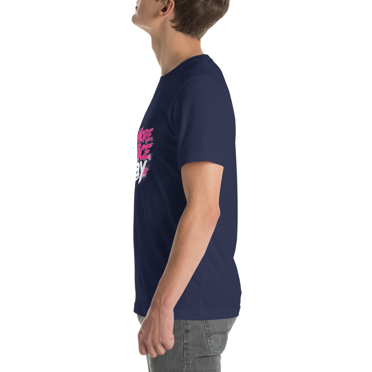 No More Mr Nice Gay tee in Navy, left side view on model, hot-pink and white slogan print partly visible on the chest