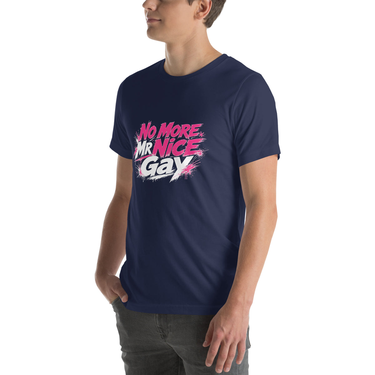 No More Mr Nice Gay tee in Navy, angled left front view on model, hot-pink and white slogan print