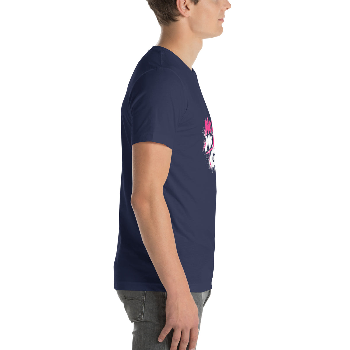 No More Mr Nice Gay tee in Navy, right side view on model, hot-pink and white slogan print partly visible on the chest