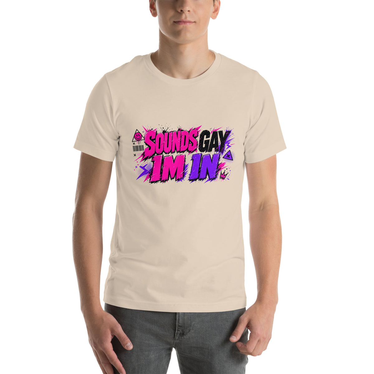 Sounds Gay I'm In tee in Soft Cream, front view