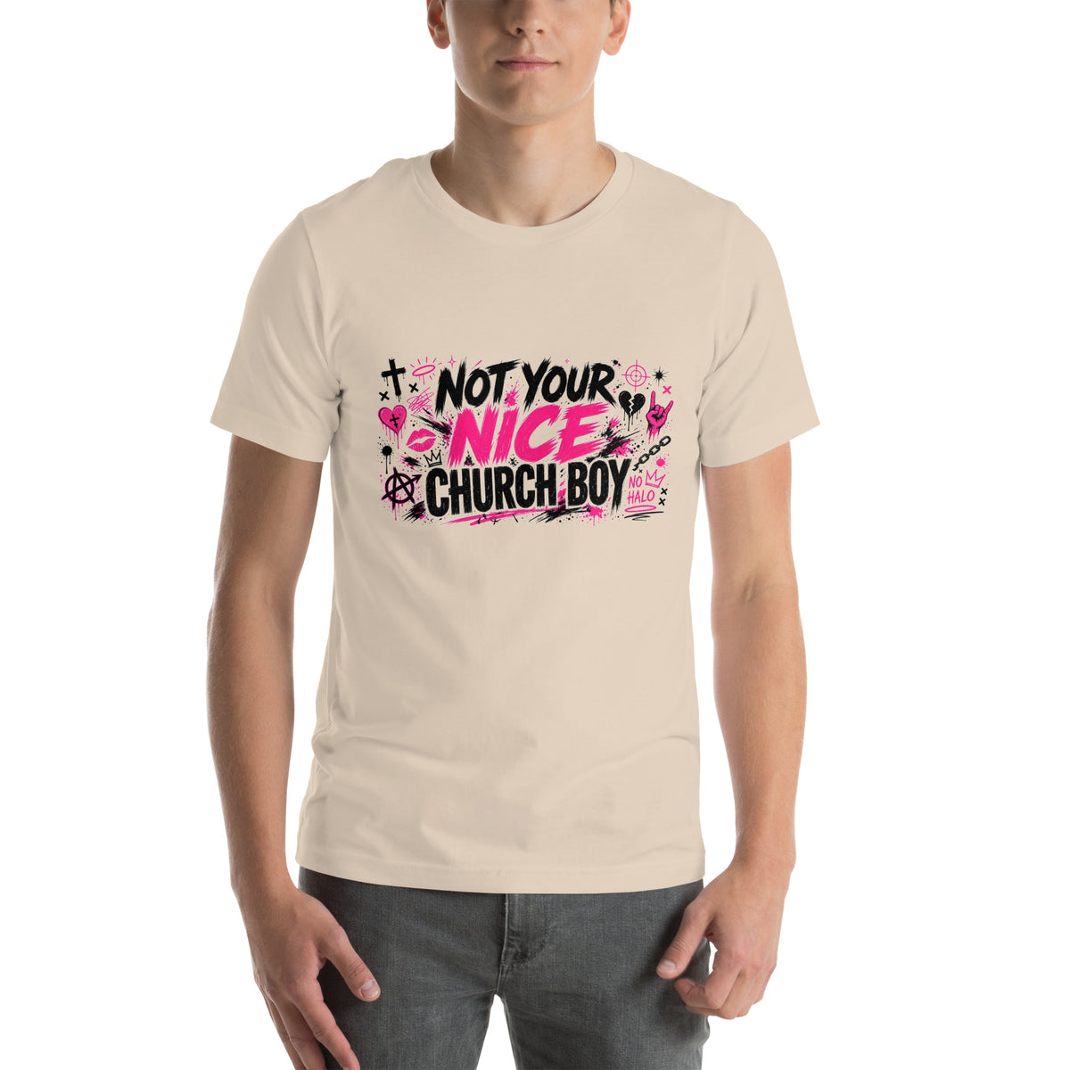 Not Your Nice Church Boy tee in Soft Cream, front view