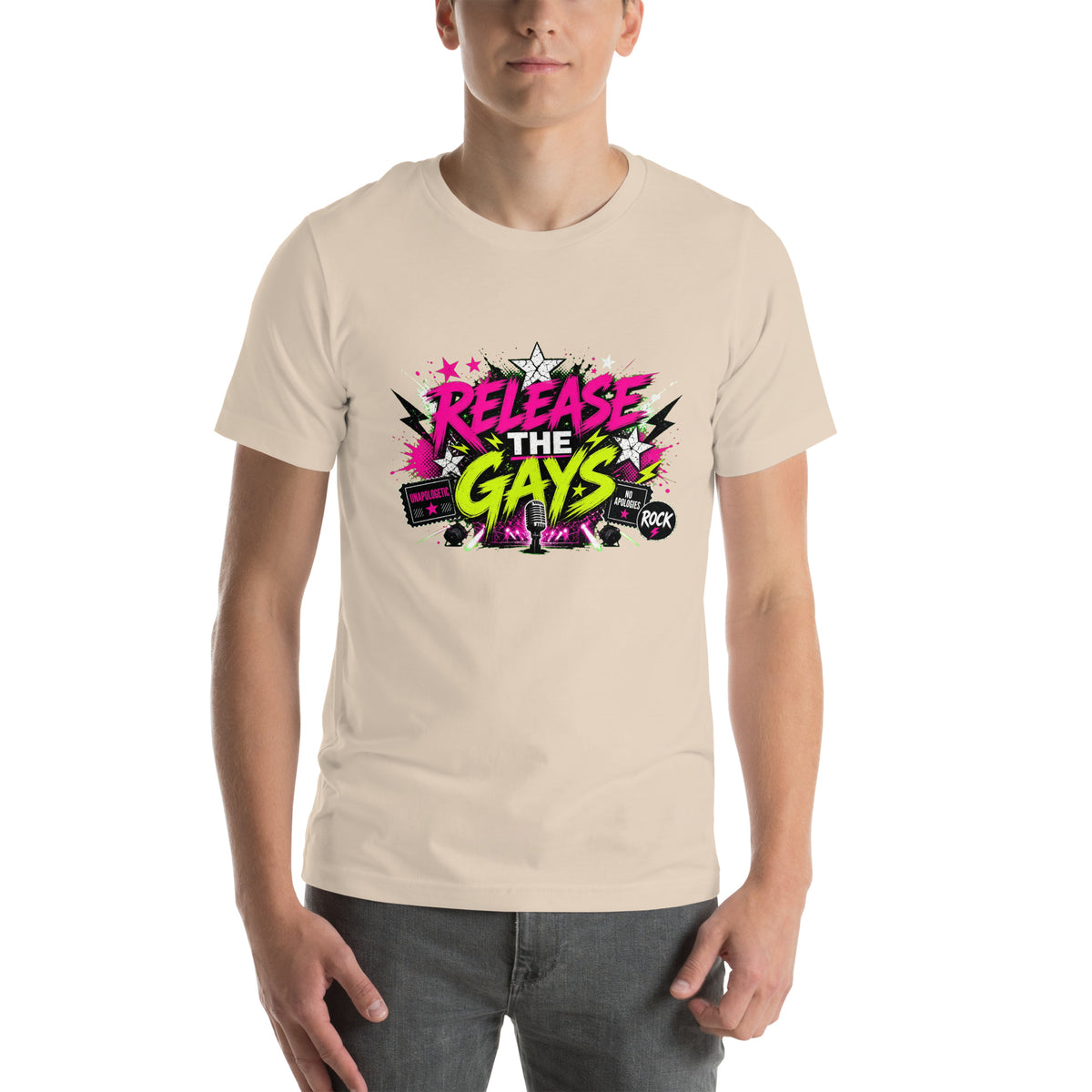 Release the Gays tee in Soft Cream, front view
