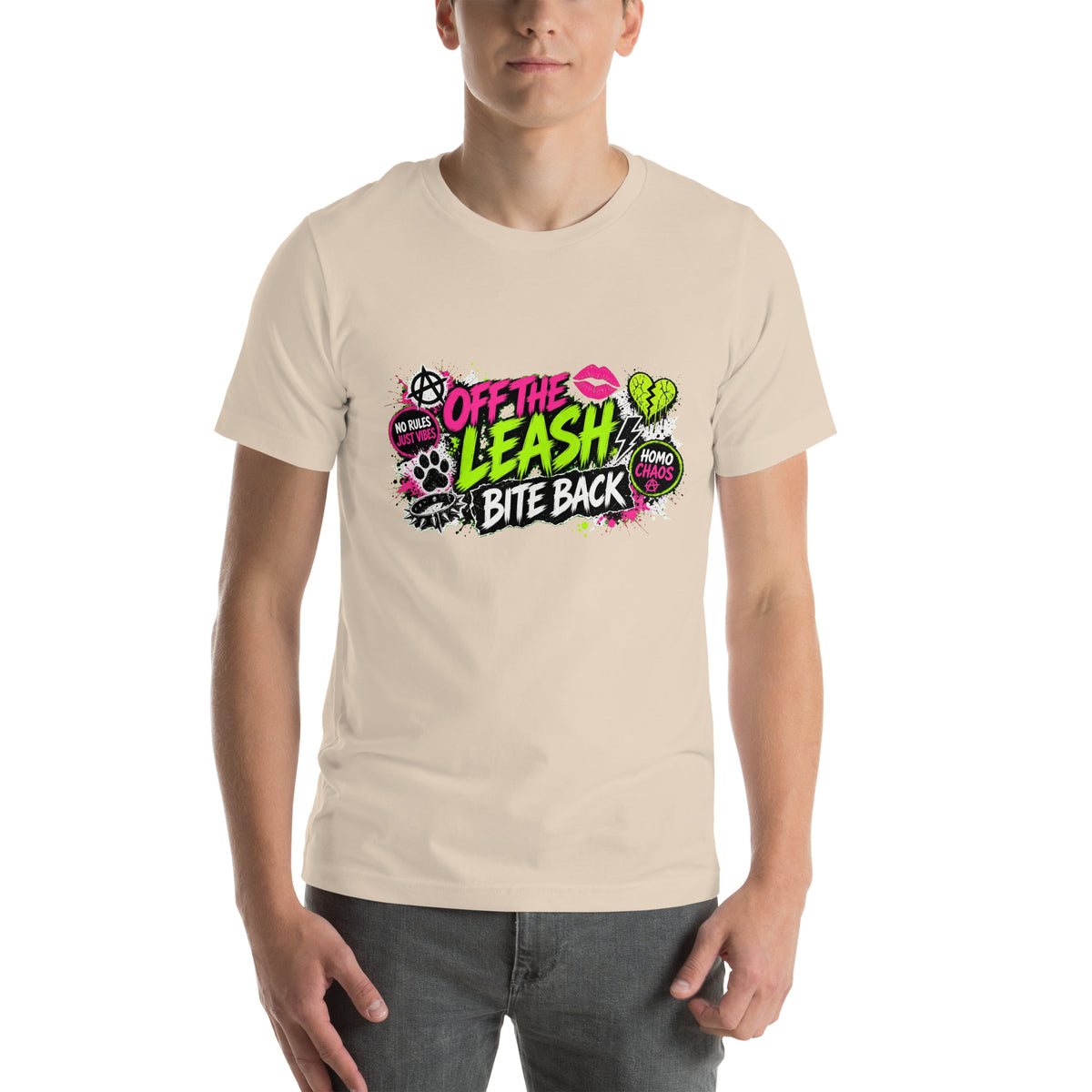 Off The Leash tee in Soft Cream, front view