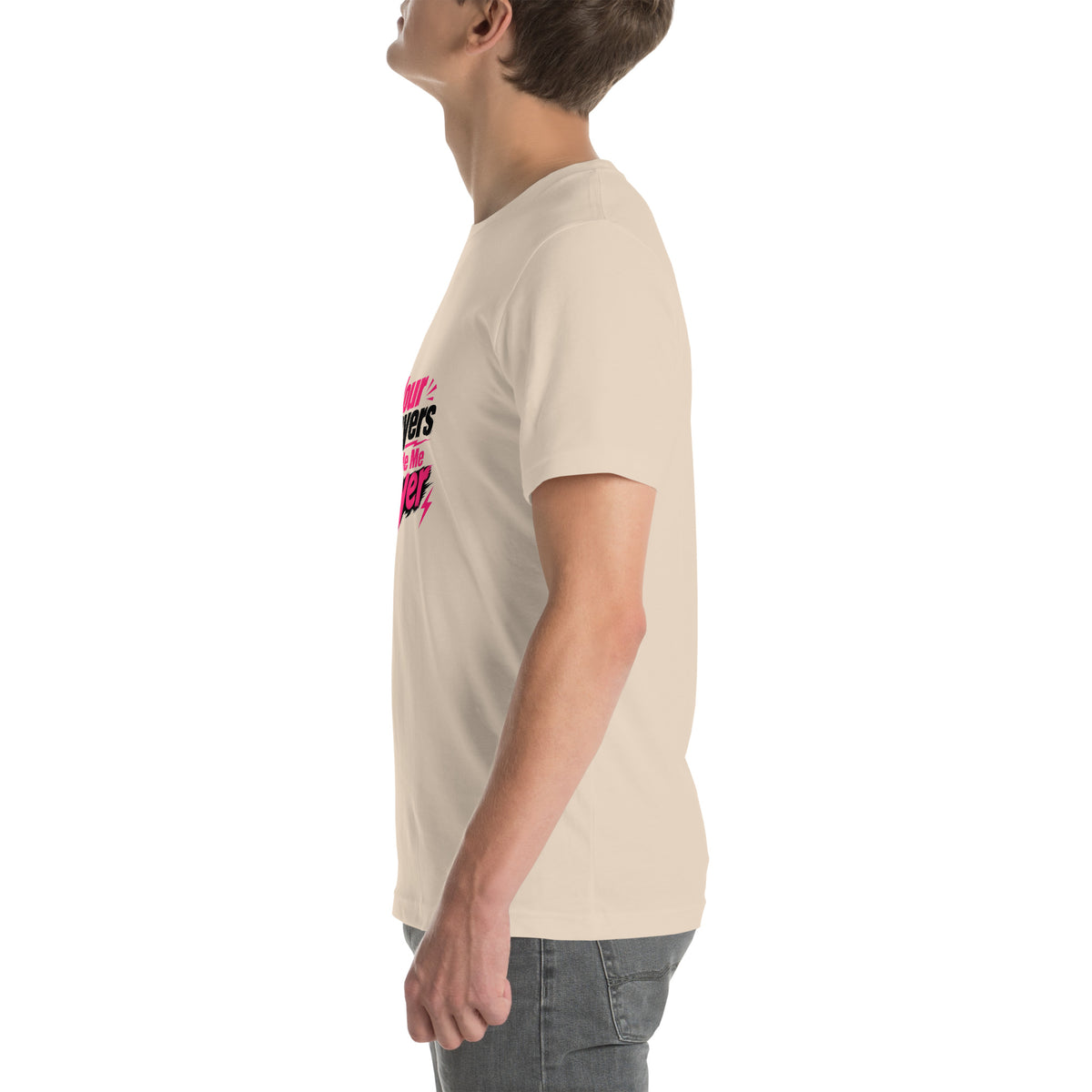Your Prayers Made Me Gayer tee in Soft Cream, left view