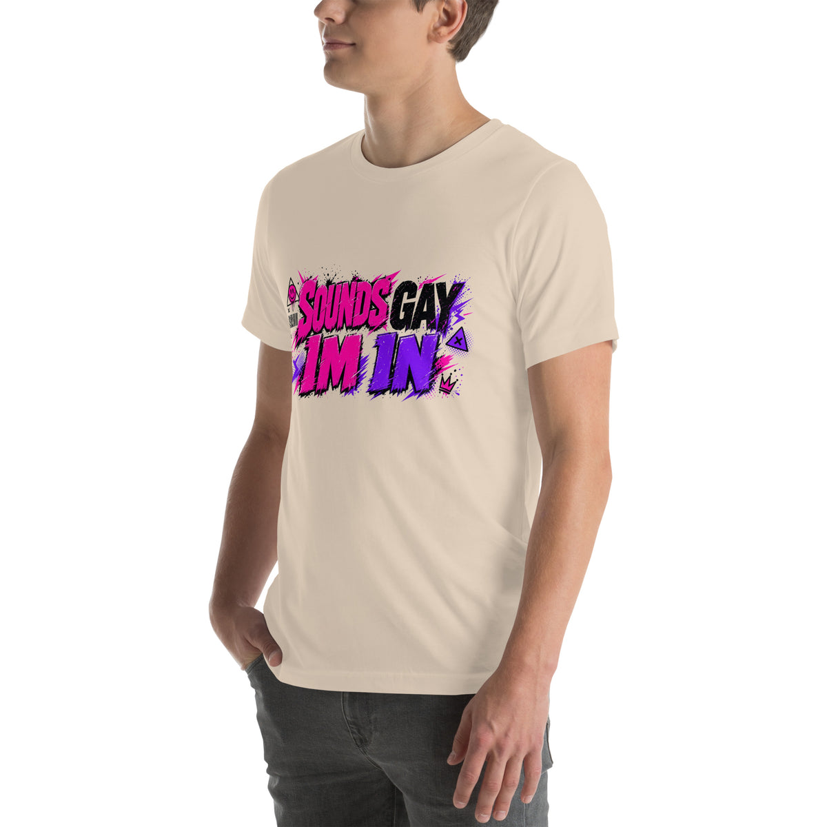 Sounds Gay I'm In tee in Soft Cream, left front view