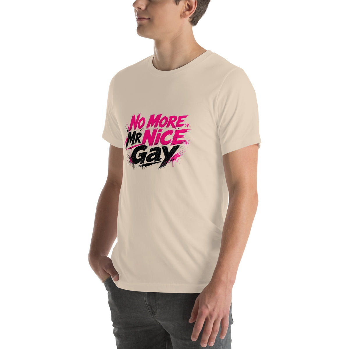 No More Mr Nice Gay tee in Soft Cream, left front view