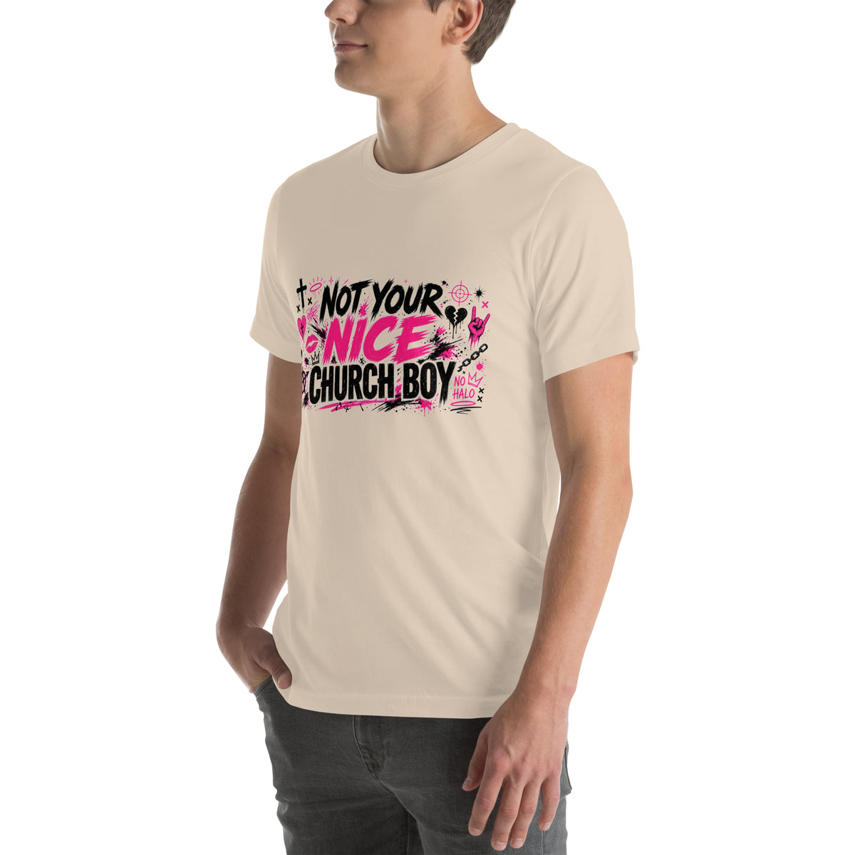 Not Your Nice Church Boy tee in Soft Cream, left front view