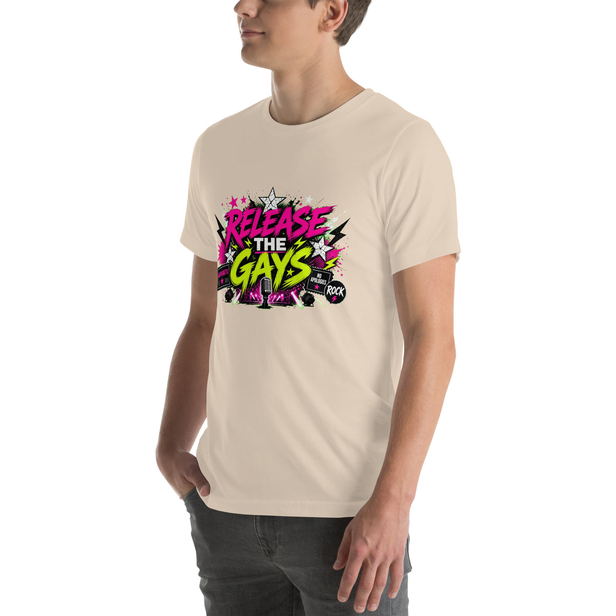 Release the Gays tee in Soft Cream, left front view