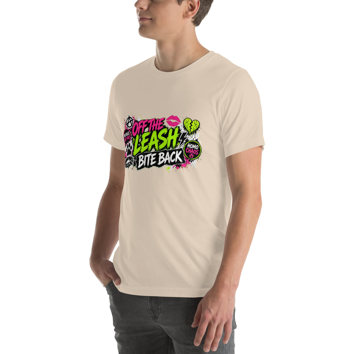 Off The Leash tee in Soft Cream, left front view