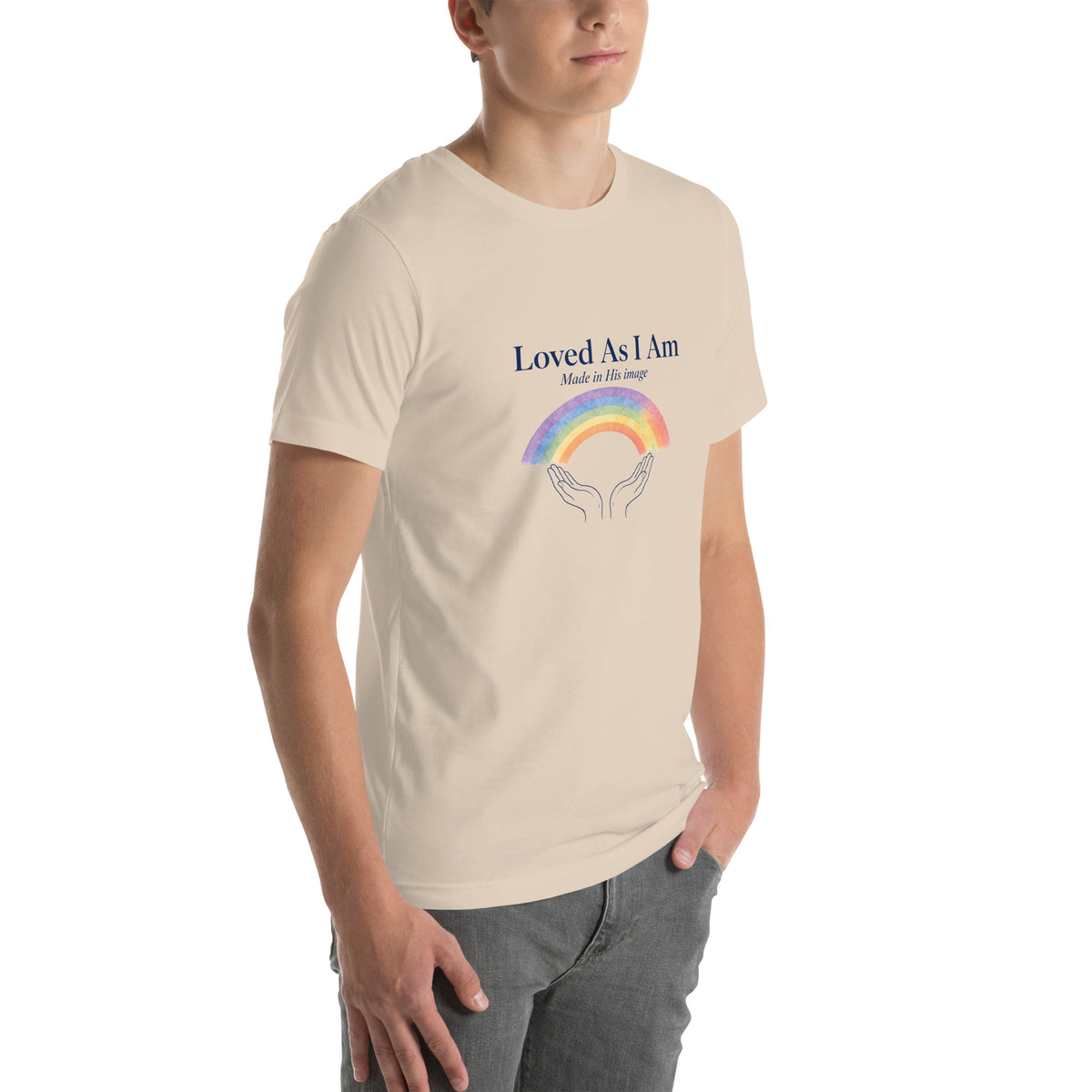 Loved As I Am tee in Soft Cream, right front view