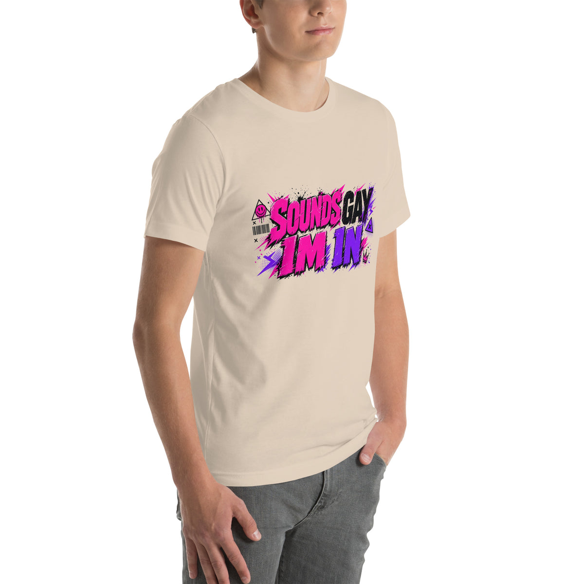 Sounds Gay I'm In tee in Soft Cream, right front view
