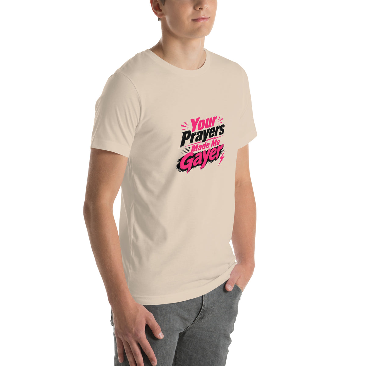 Your Prayers Made Me Gayer tee in Soft Cream, right front view