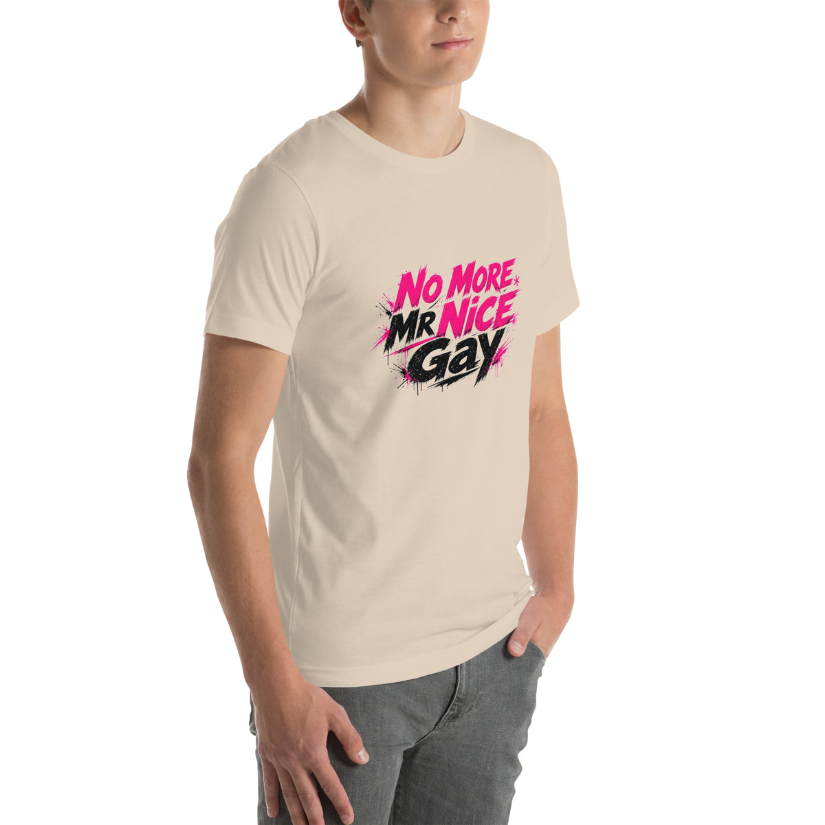 No More Mr Nice Gay tee in Soft Cream, right front view