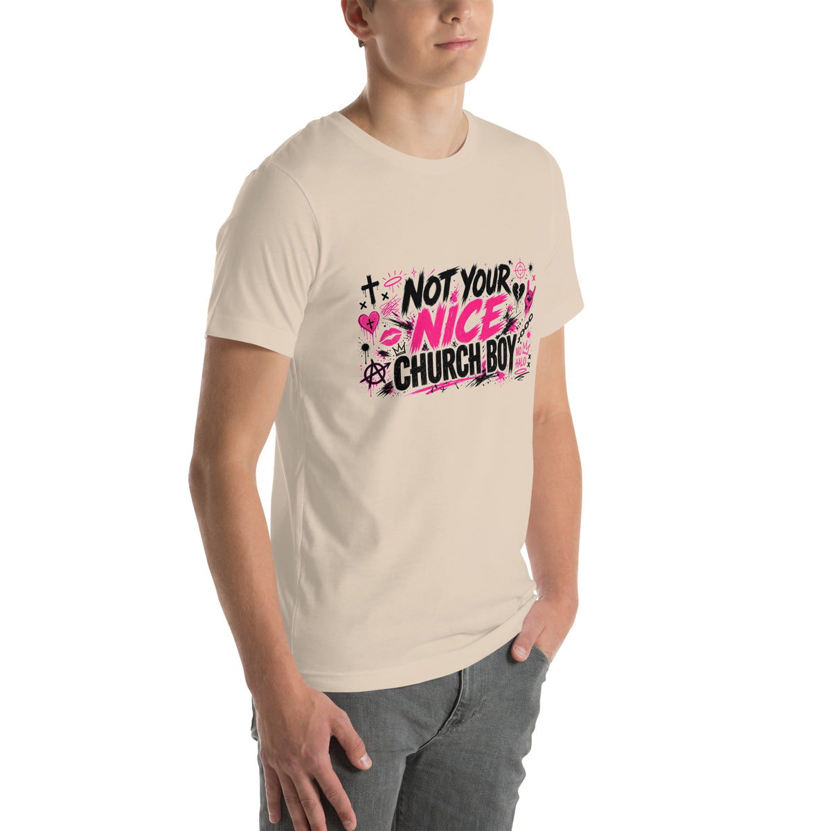 Not Your Nice Church Boy tee in Soft Cream, right front view