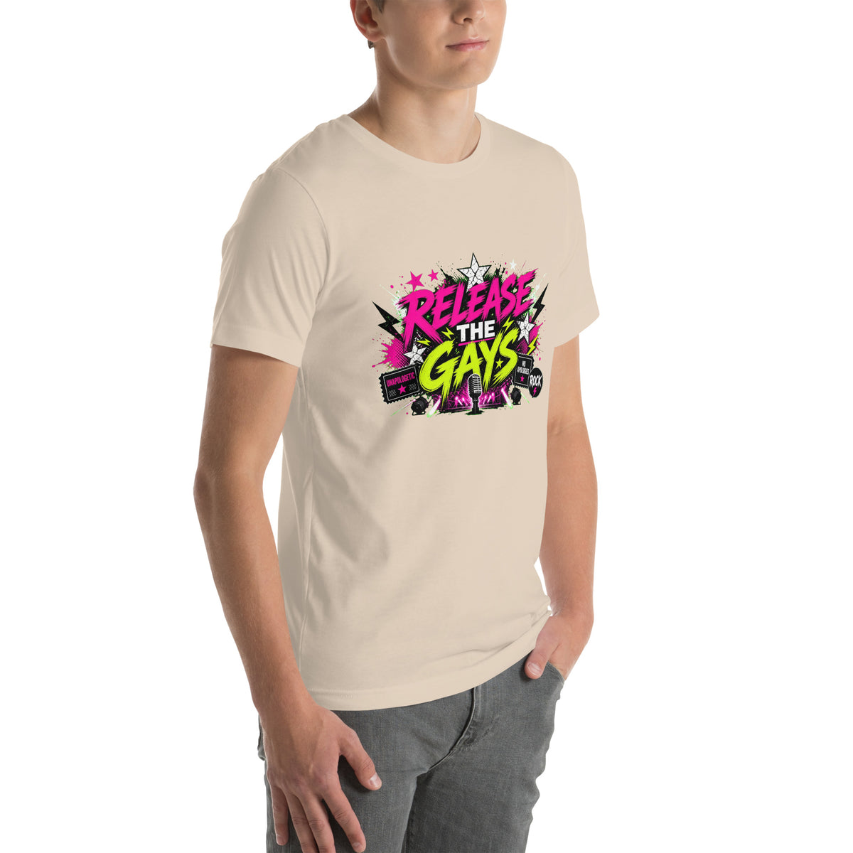 Release the Gays tee in Soft Cream, right front view