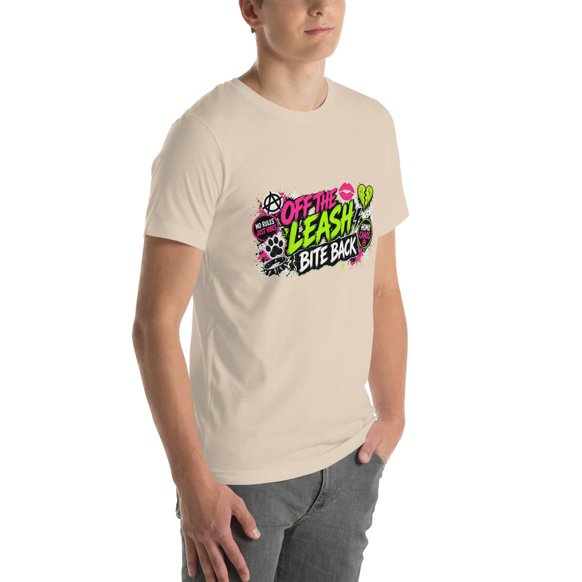 Off The Leash tee in Soft Cream, right front view