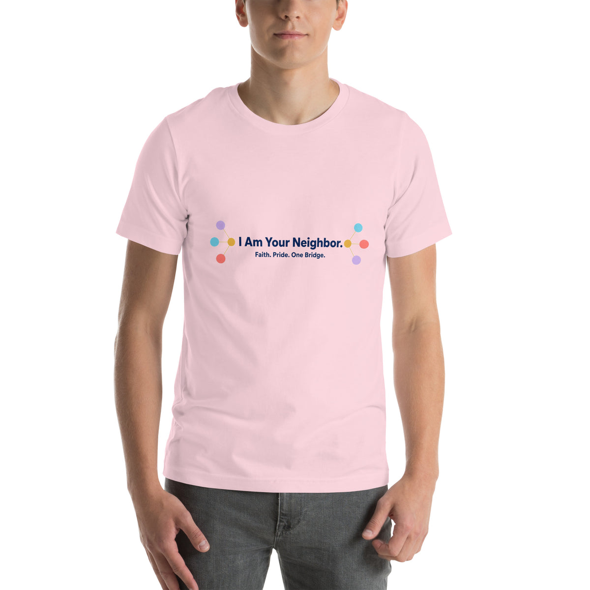 I Am Your Neighbor tee in Soft Pink, front view