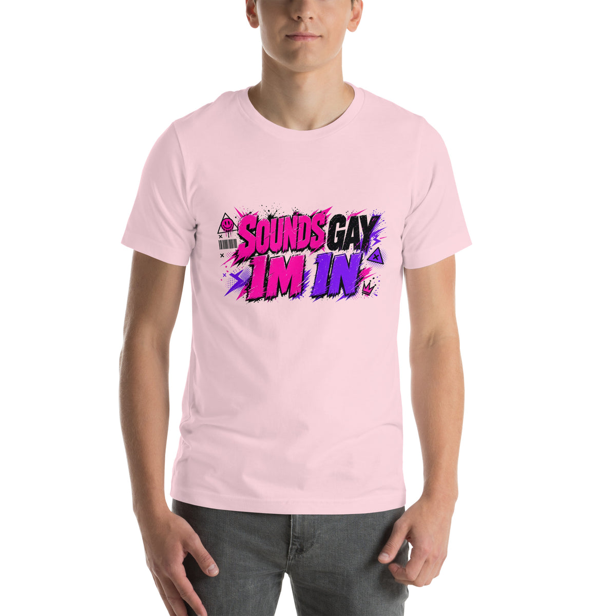 Sounds Gay I'm In tee in Soft Pink, front view