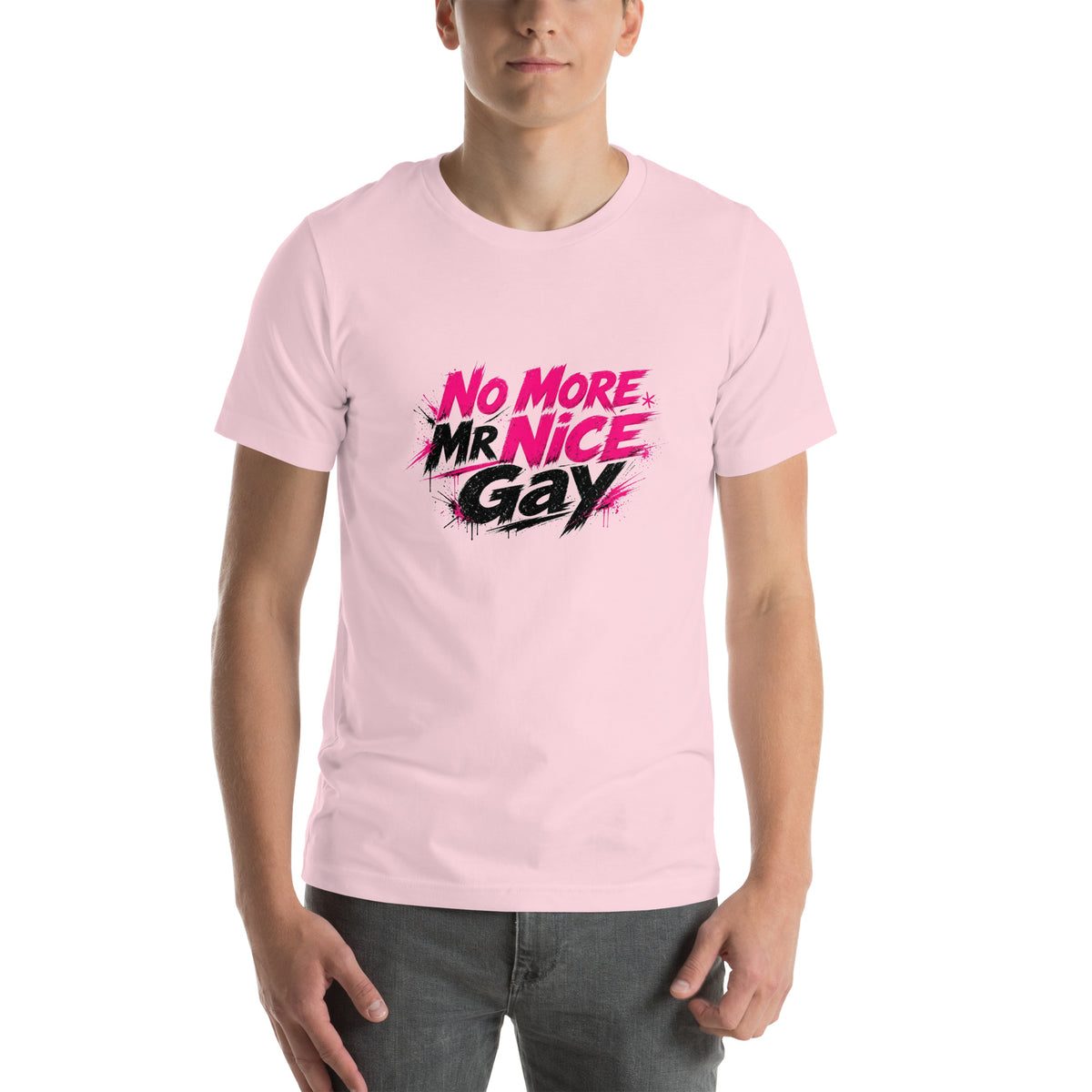 No More Mr Nice Gay tee in Soft Pink, front view