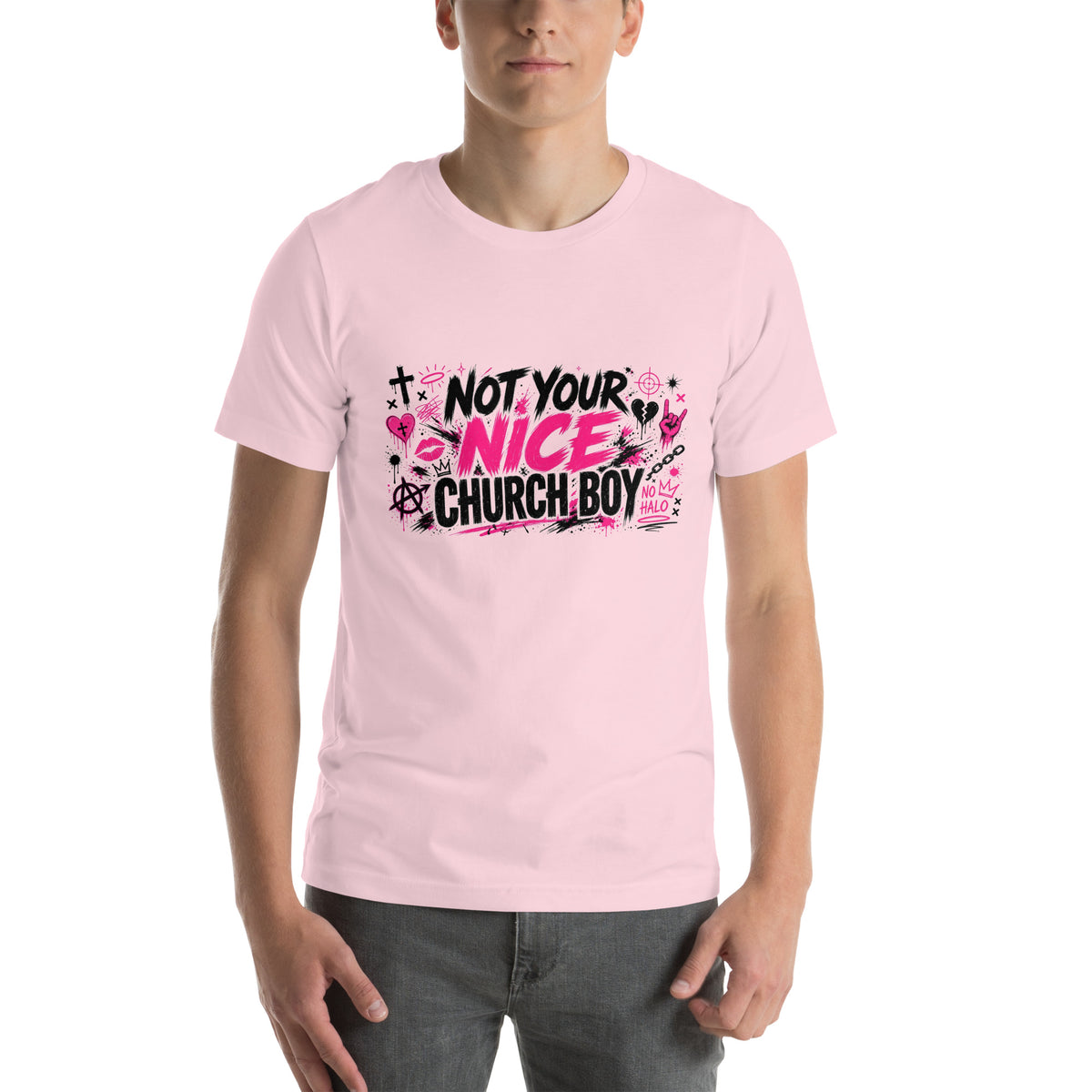 Not Your Nice Church Boy tee in Soft Pink, front view