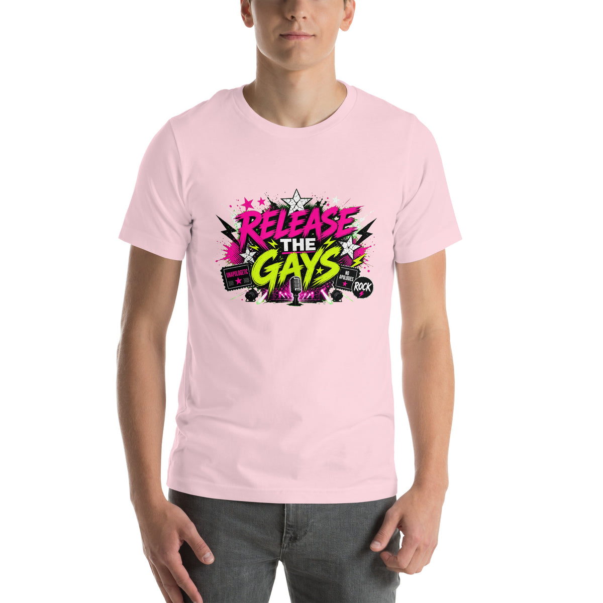 Release the Gays tee in Soft Pink, front view