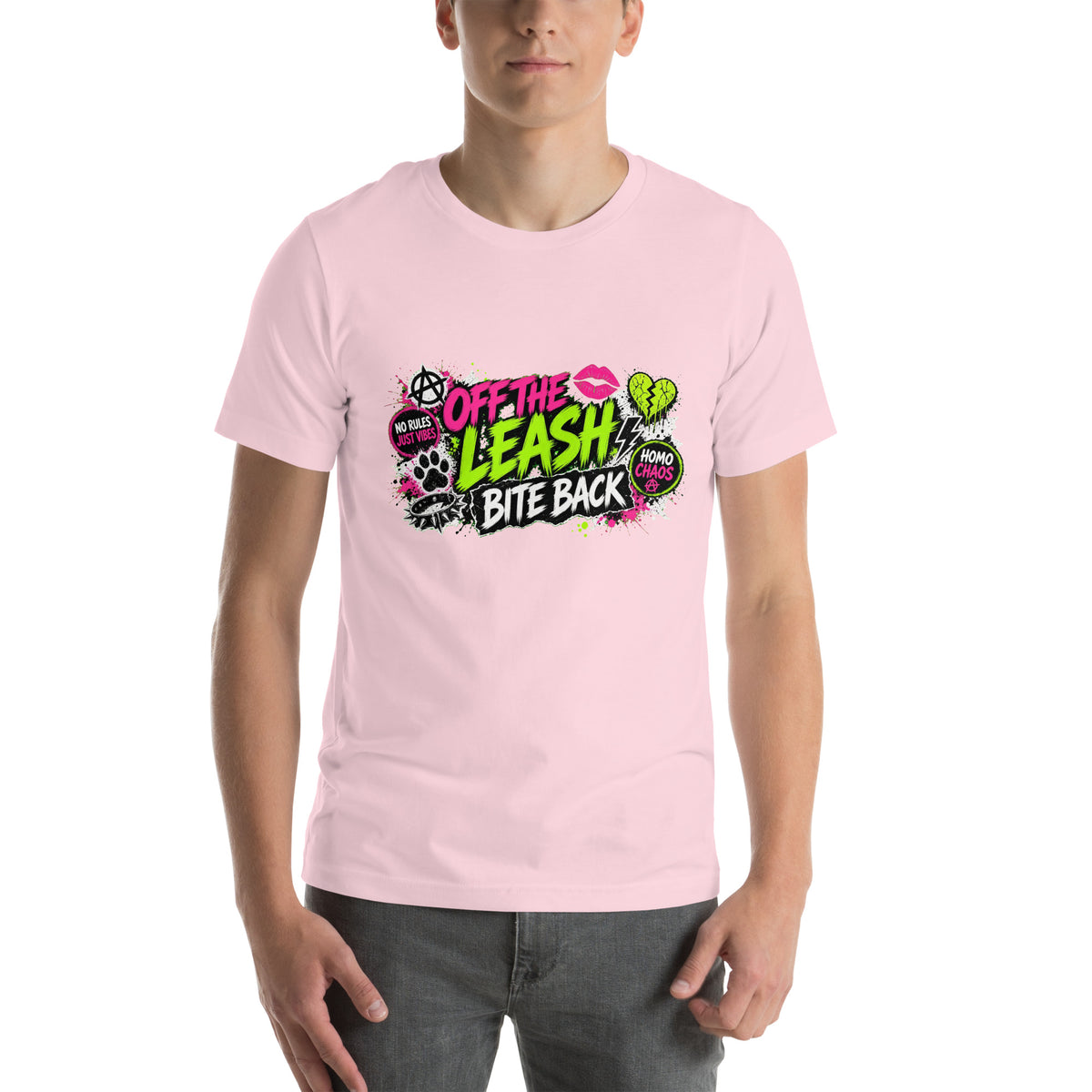 Off The Leash tee in Soft Pink, front view