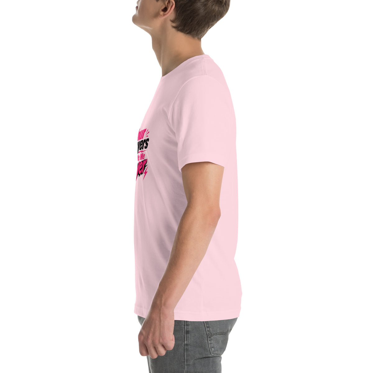 Your Prayers Made Me Gayer tee in Soft Pink, left view