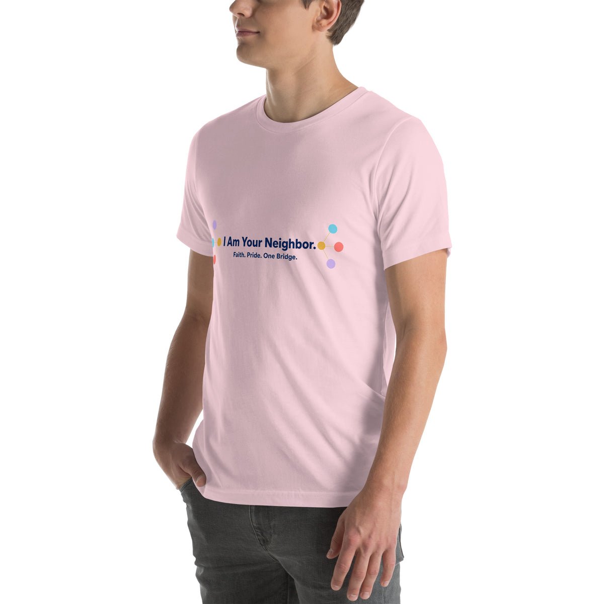 I Am Your Neighbor tee in Soft Pink, left front view