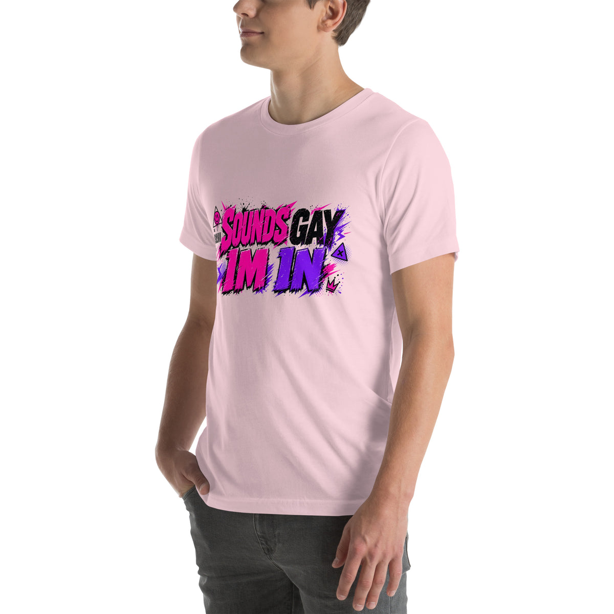 Sounds Gay I'm In tee in Soft Pink, left front view