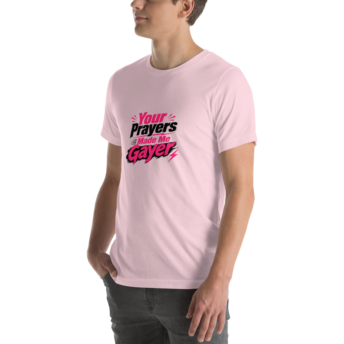 Your Prayers Made Me Gayer tee in Soft Pink, left front view