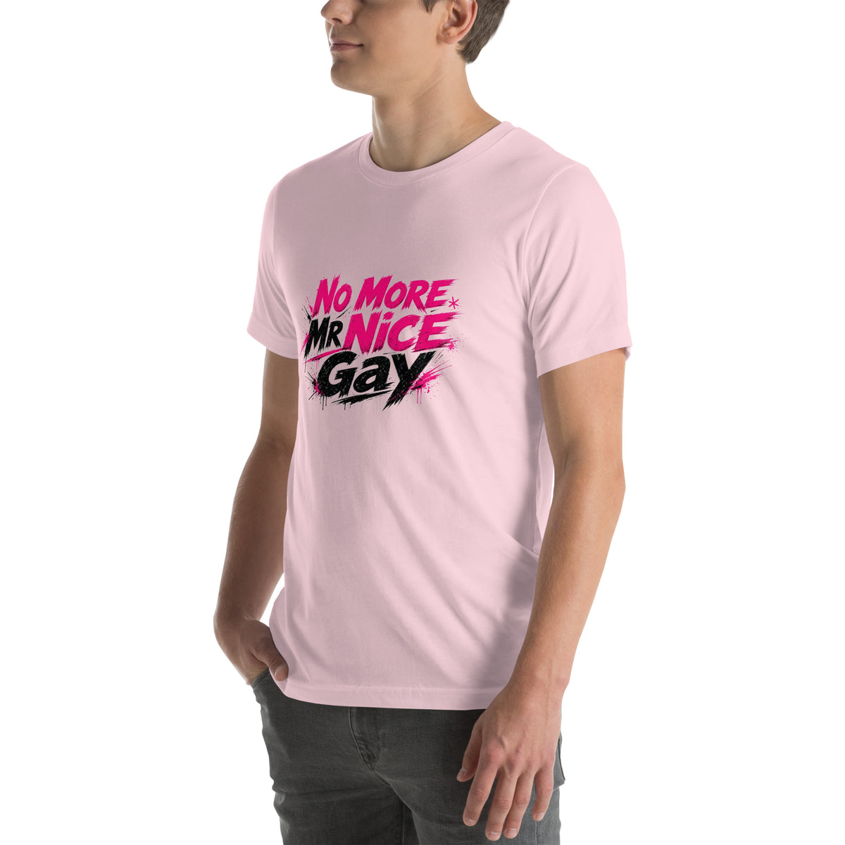 No More Mr Nice Gay tee in Soft Pink, left front view