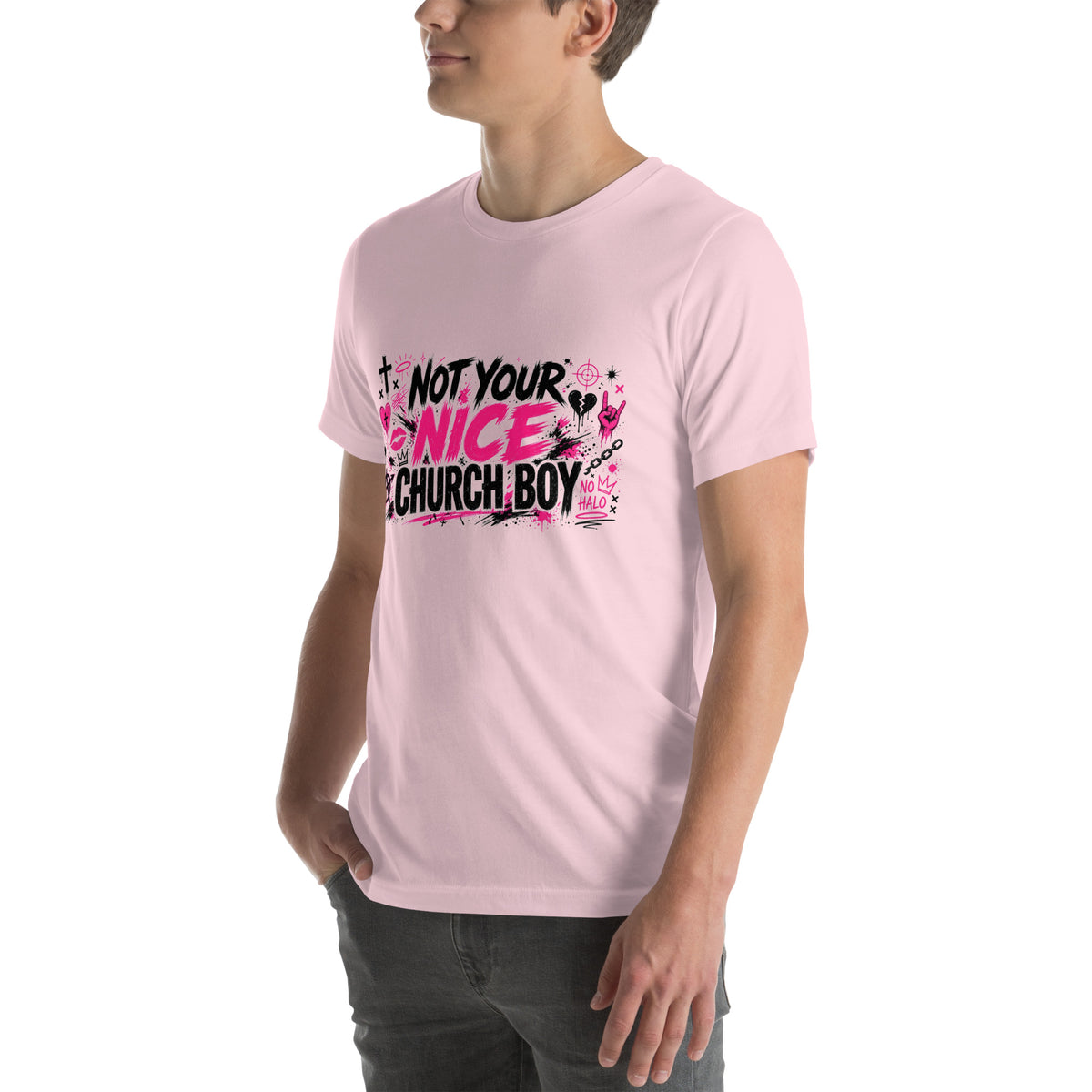 Not Your Nice Church Boy tee in Soft Pink, left front view