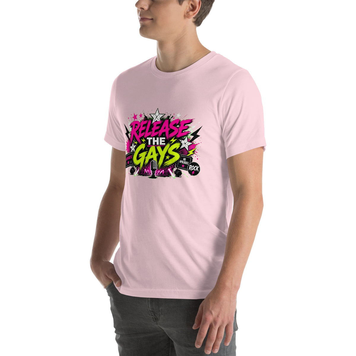 Release the Gays tee in Soft Pink, left front view