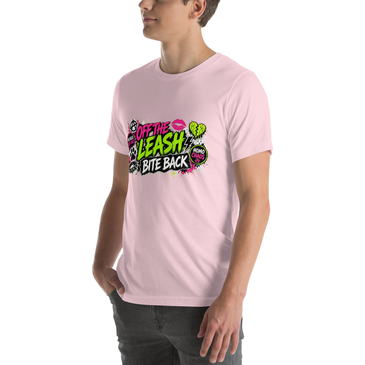Off The Leash tee in Soft Pink, left front view