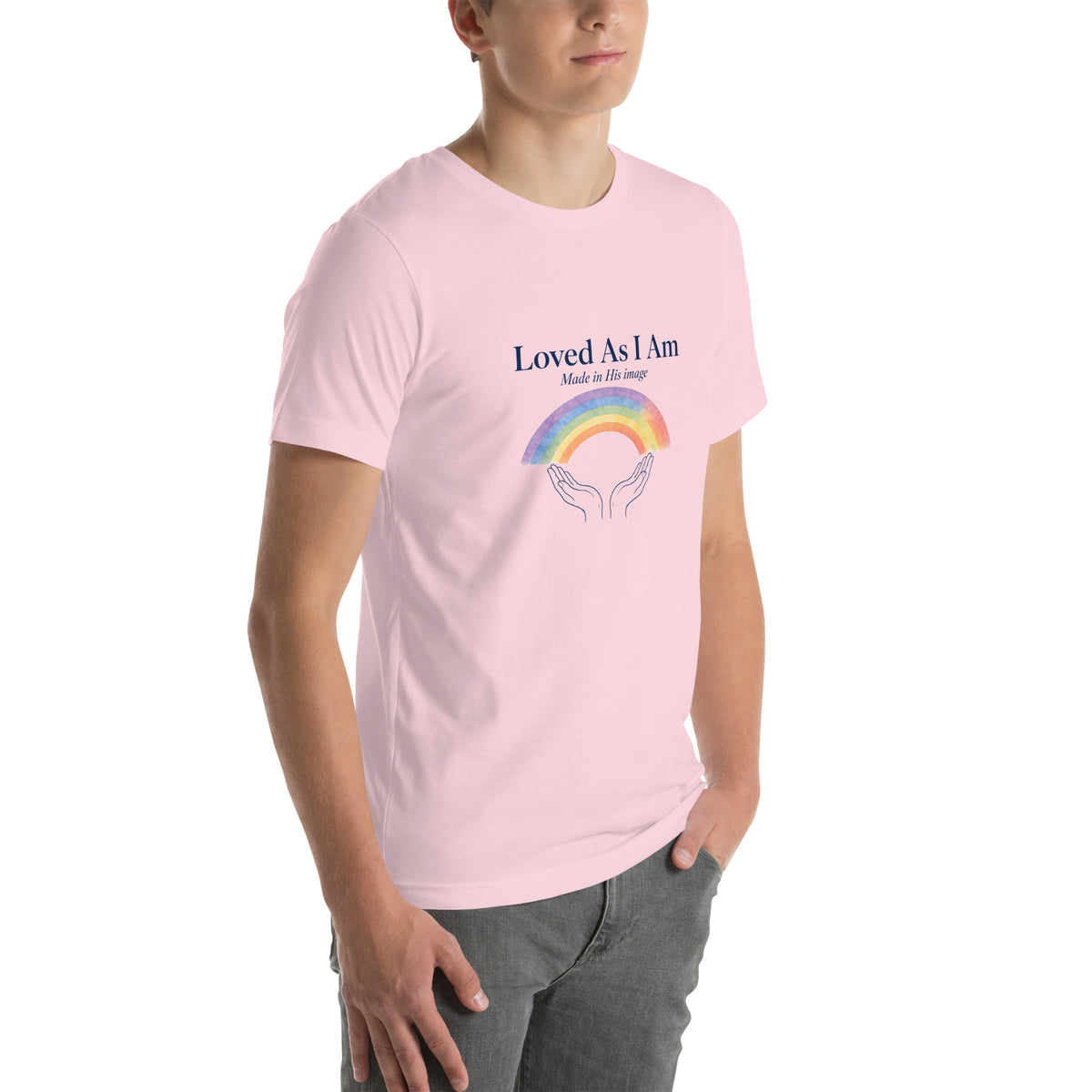 Loved As I Am tee in Soft Pink, right front view